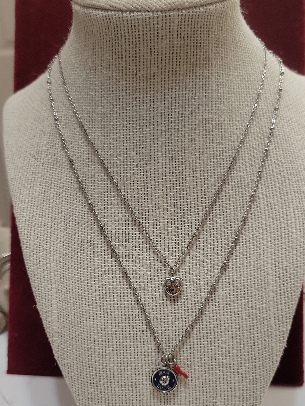 NWOT Brosway Italia Layered Silver Owl & Good Luck Charm Necklace